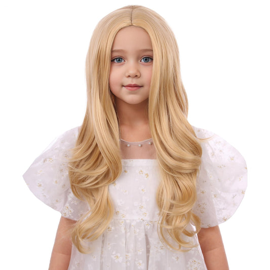 Edivd Girls Light Blonde Wig Kids Long Mixed Blonde Wavy Curly Wig Girls Blonde Middle Part Wig Heat Resistant Synthetic Wig with Wig Cap