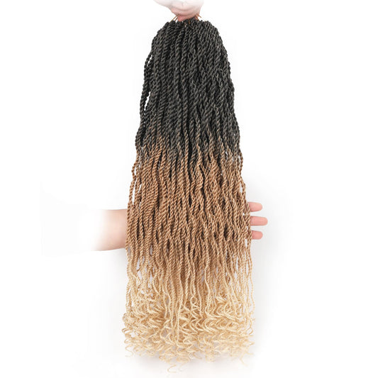 Leeven 24 Inch Senegalese Twist Crochet Hair 2 Packs Ombre Blonde Long Pre Looped Wavy Crochet Braids with Curly Ends 3 Tone Hanava Twist Synthetic Braiding Hair for Women Girl Kids #1B/27/613