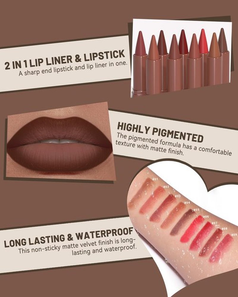 3 Colors Nude Matte Gradient Lipstick and Lip Liner Set, High Pigmented Velvet Smooth Red Lip Crayon Liner Makeup Pen, Women Long Lasting Smudge Proof Brown Lipstick and Lip Liners Combo,06+07+09