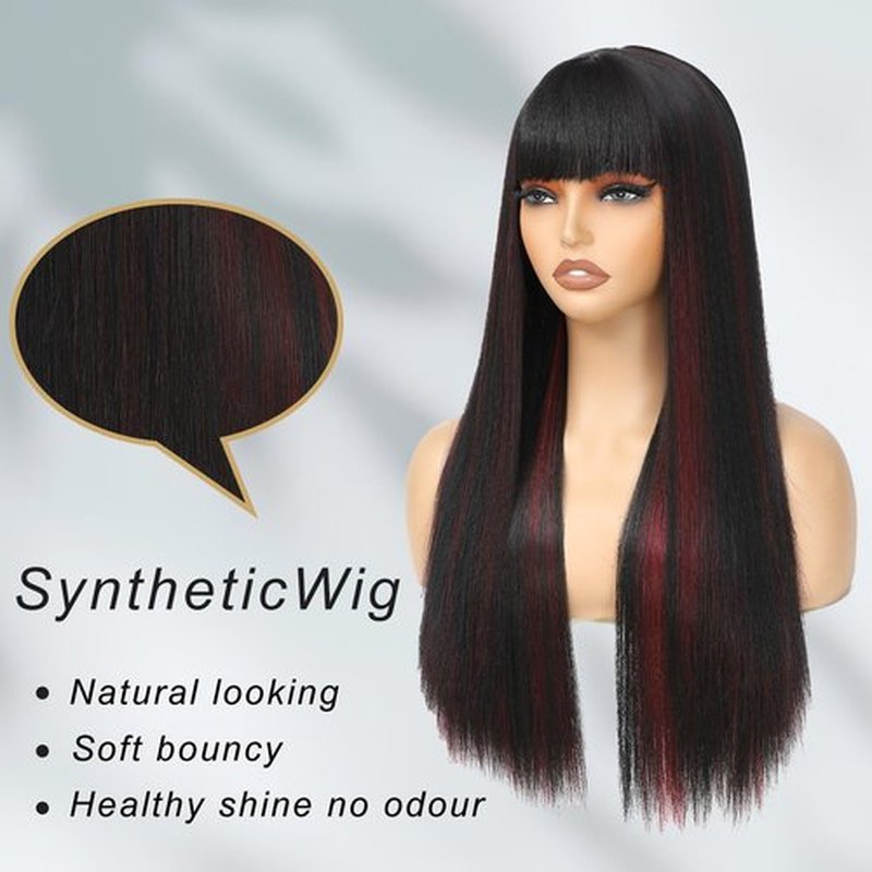 Amarlis Black with Red Wigs for Women, Long Straight Stripes Color Wigs with Bangs, Natural Looking Soft Synthetic Fiber Wig for Daily Party