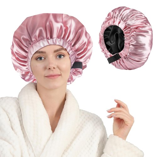 Years calm Silk Bonnet for Sleeping Women, Double Layer Soft Ajustable Elasticity Band Satin Bonnet for Sleeping Hair - Sleep Shower Caps (Pink, One Size)