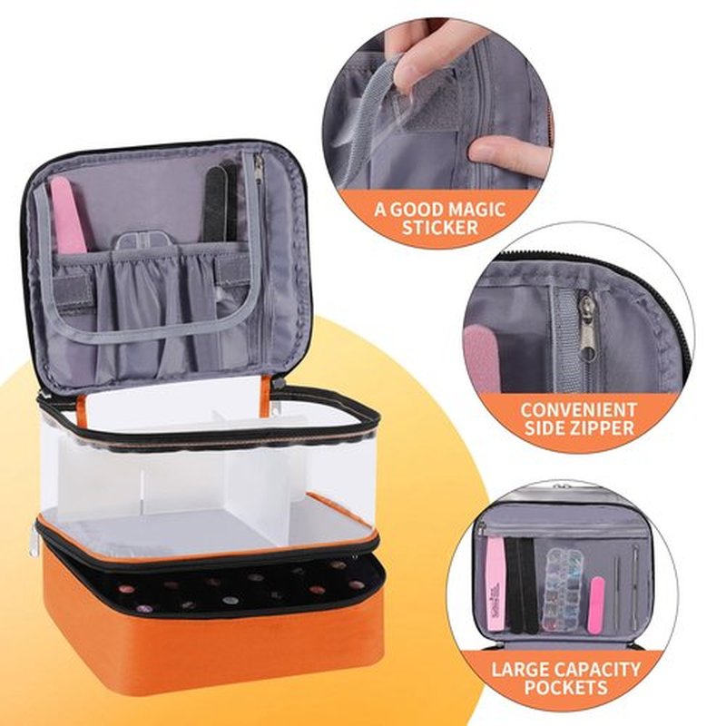 Clear Nail Polish Organizer, Double-Layer Nail Polish Bag Organizer Case Holds 30 Bottles and Nail Dryer, Nail Organizers and Storage for Manicure Tools-Orange