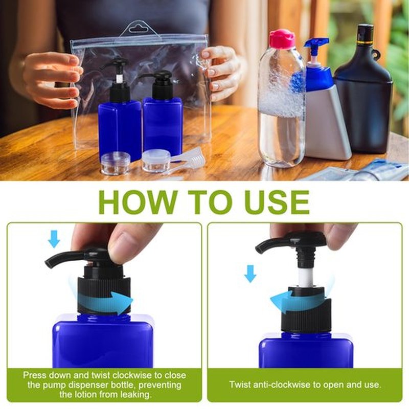 Domensi 24 Pcs 100ml /3.4 oz Pump Bottle Mini Travel Bottles Small Dispenser Bottles Plastic Pump Lotion Dispenser Empty Bottle Square Dispenser Travel Size Containers Toiletries (Blue)