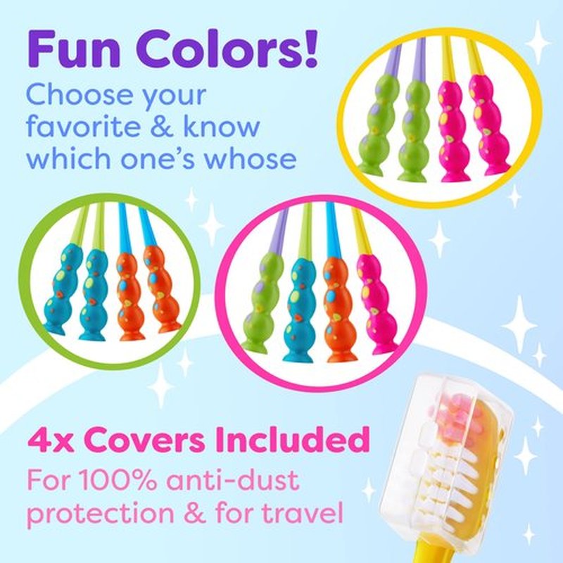 Kids Toothbrush 4 Pack - Soft Contoured Bristles - Child Sized Brush Heads (3-10 Year Old) - Suction Cup for Fun & Easy Storage - Girl & Boy Set (Green & Pink)