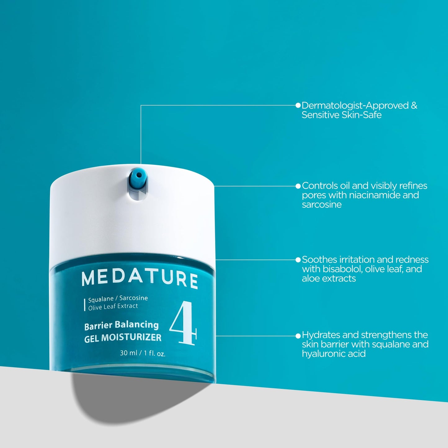 Medature Barrier Balancing Gel Moisturizer, For Combination to Oily Skin, Balances Skin Barrier, Contains Squalane, Sarcosine, Niacinamide & Olive Leaf Extract
