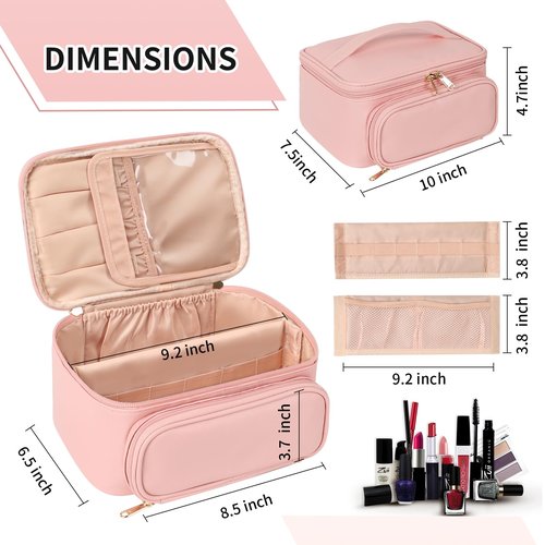 OCHEAL Makeup Bag, Multifunctional Make Up Bags Large Compact Makeup Bag Organizer Cosmetics Toiletry Brushes Storage Case for Women Girls Makeup Case with Handle Divider-Pink