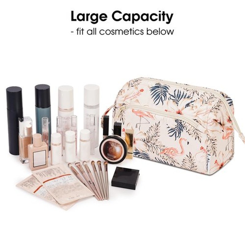 Narwey Large Women Makeup Bag Wide-open Make up Bag Travel Cosmetic Organizer Toiletry Bag for Cosmetics Toiletries Accessories (Beige Flamingo)