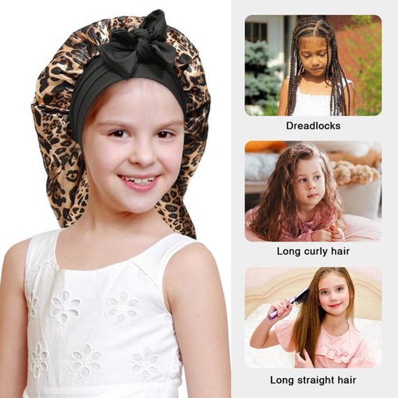 Kids Long Hair Bonnet for Sleeping - Double Layer Girls Elastic Satin Bonnet with Tie Band for Braid Curly Hair (Leopard+Black)