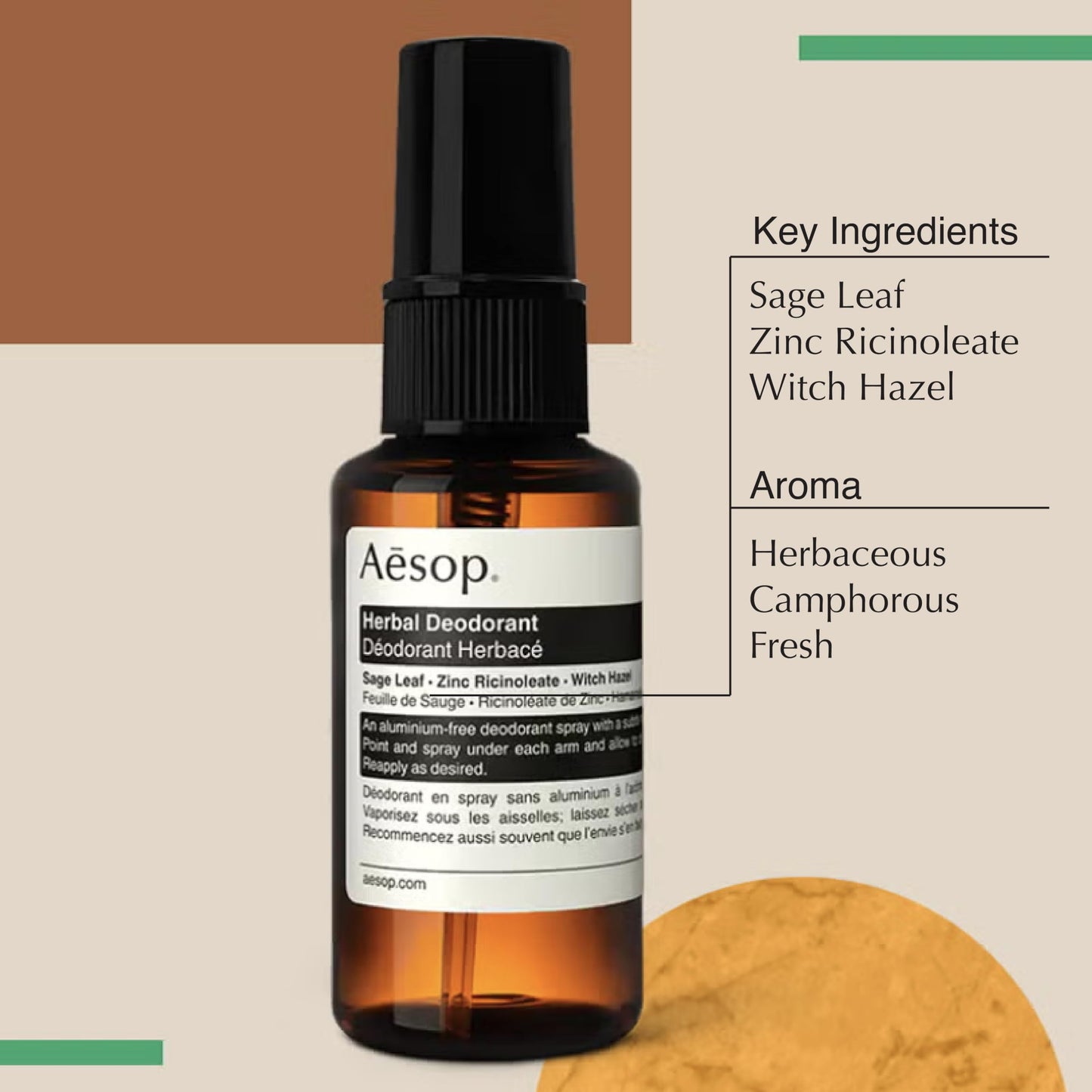 Aesop Aluminum Free Herbal Deodorant Spray for Women & Men | Sage Leaf and Zinc to Reduce Odor and Bacteria + Witch Hazel Soothes Skin | Vegan & Cruelty-Free | 1.7 oz