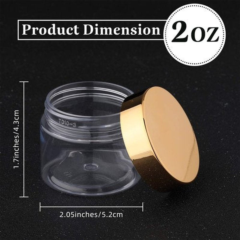 6 Pack Clear Container with Lids Small Plastic Pot Jars Wide Mouth Round Leak Proof Plastic Container Jars with Lid for Travel Storage, Eye Shadow, Nails, Paint, Jewelry (Gold,2 oz)