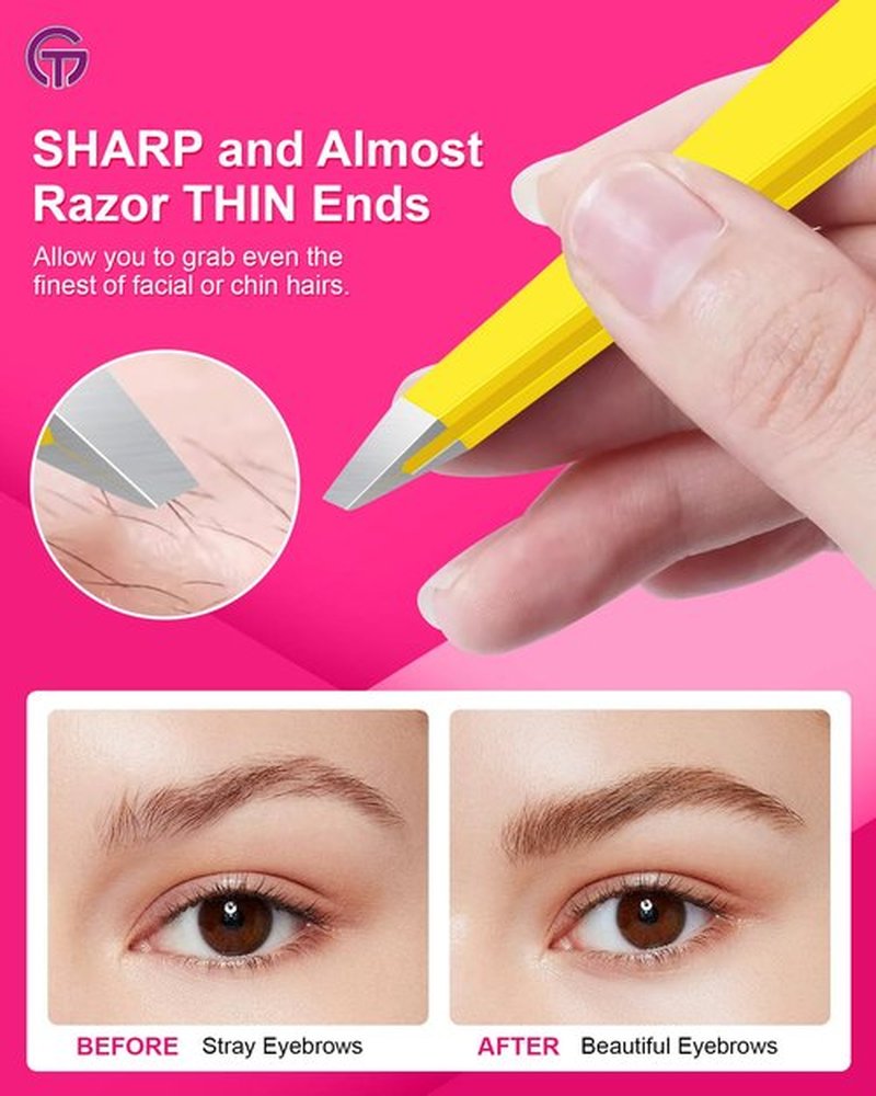 Expert Eyebrow Hair Removal Tweezer with Leather Case, GlamTweeler High Precision Slant Tip Stainless Steel Tweezers for Men and Women (Chartreuse Yellow)