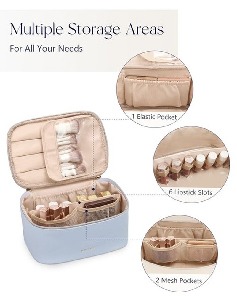 Prite Makeup Bag, Large Capacity Portable Travel Cosmetic Bag, Waterproof Makeup Organizer for Women with Handle and Divider(Blue)
