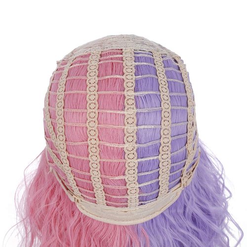PATTNIUM Pink Purple Wig Short Curly Wig Half Pink Half Purple Wig with Bangs Split Wig Two Color Wig for Women Girls Heat Resistant Synthetic Hai Cosplay Costume Wig (Pink and Purple)
