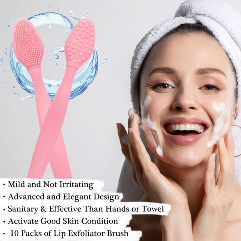 10 Pcs Lip Scrub Brush, Ooloveminso Silicone Lip Scrubber Exfoliator Tool, Soft Double-Side Lip Brush Exfoliating for Dark Lips, Lip Care and Beauty-Pink