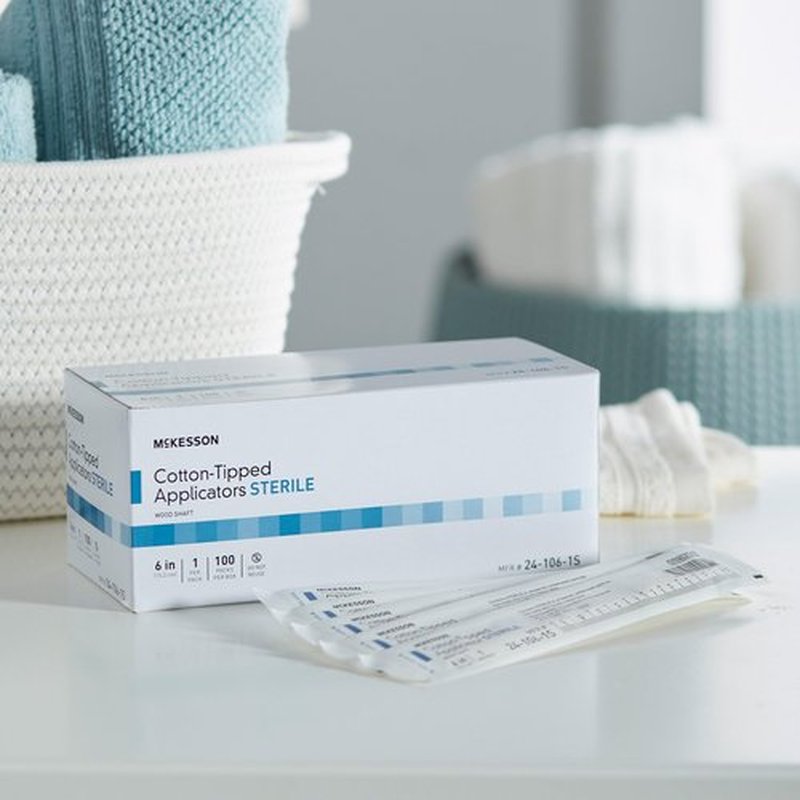 McKesson Cotton-Tipped Applicator Swabstick, Sterile, Wood Shaft, 6 in, 100 Count, 10 Packs, 1000 Total