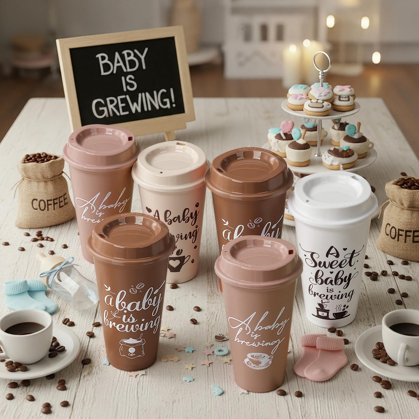Ferrochef 24 Pcs Baby Is Brewing Cups with Lid 16 oz Babies Is Brewing Baby Shower Decorations Coffee Themed Birthday Tumblers Bulk Plastic Cups for Gender Reveal Party Supplies Guest Gift