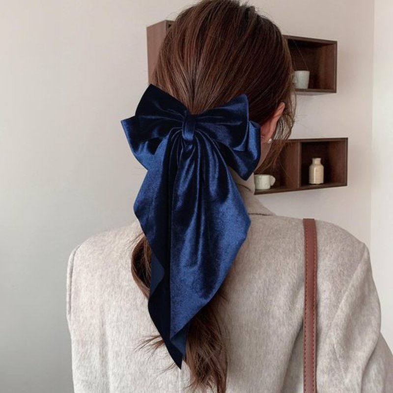 2Pcs Navy Blue Hair Bows Large Velvet Hair Ribbons Bow French Barrettes Clip Long-Tail for Women Girls Oversized Cute Aesthetic Wedding Prom Party Hair Styling Accessories