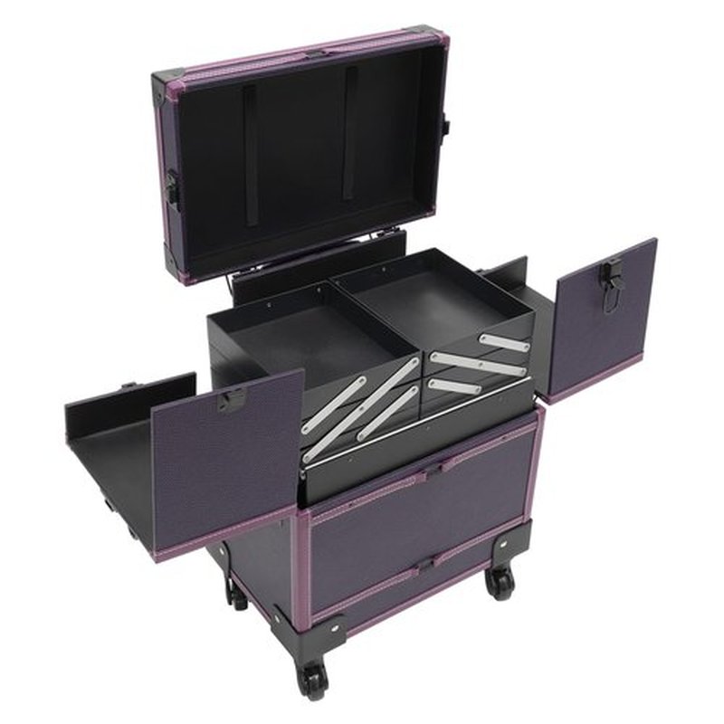 PalaUha Rolling Makeup Train Case Professional Cosmetic Organizer Trolley with Drawers Compartment Nail Case Wheeled Manicure Pedicure Storage Case for Hair Stylists Makeup Artists (Purple & Black A)