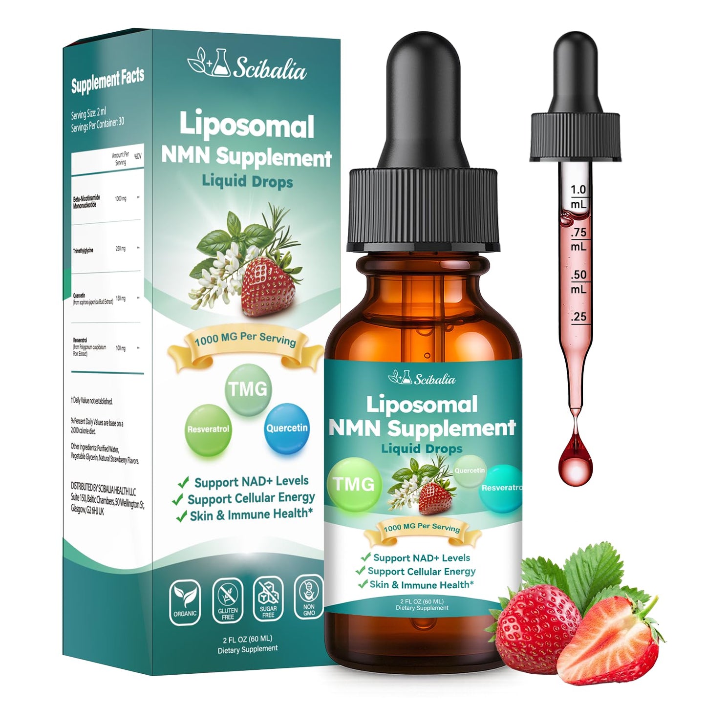 Scibalia NMN Supplement Liquid Drops,4-in-1 NMN Beta 1000mg w. Quercetin TMG Resveratrol for Anti Aging Energy & Immune Support, NMNH Alternative Liposomal High Absorption for Women Men