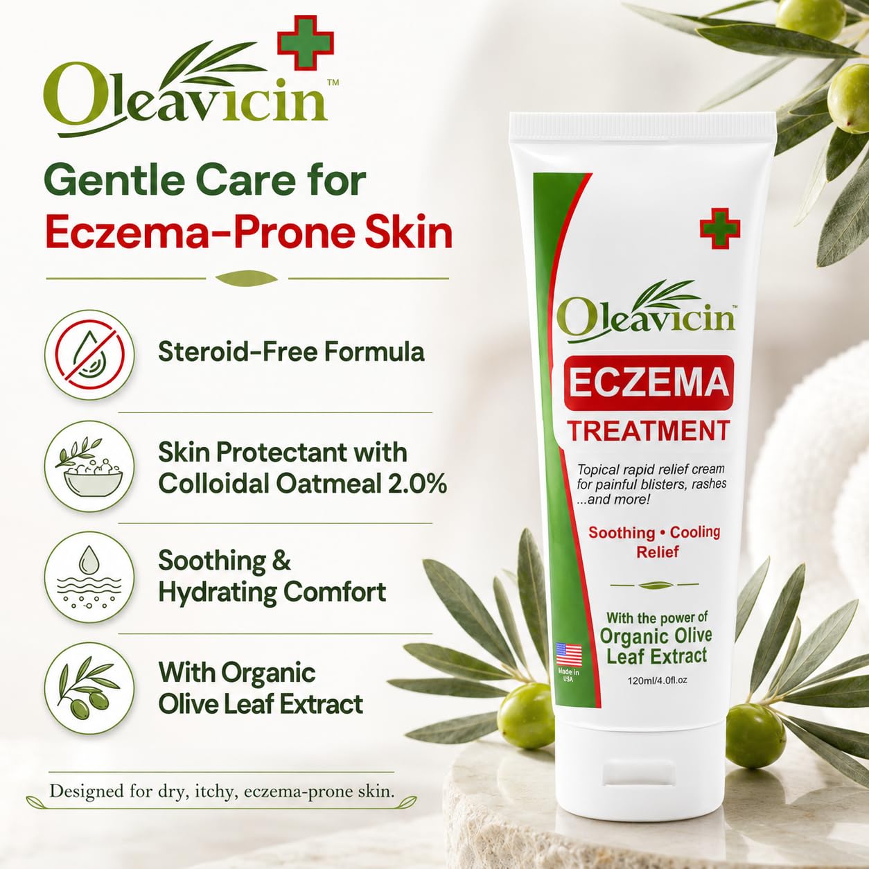 Oleavicin Eczema Treatment Cream (3 Pack) - Anti Itch & Psoriasis Relief for Dry, Itchy, Irritated Skin - Steroid-Free with Organic Olive Leaf Extract - Soothing for Sensitive Skin, Kids & Adults
