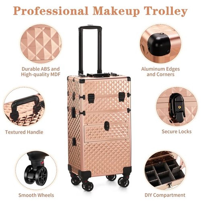 Imseigo 2-In-1 Makeup Train Case Large Storage, Detachable Universal Wheels, Portable Aluminum Cosmetic Trolley, Makeup Travel Case with Diamond Pattern Makeup Artists, Manicurists (Champagne Gold)