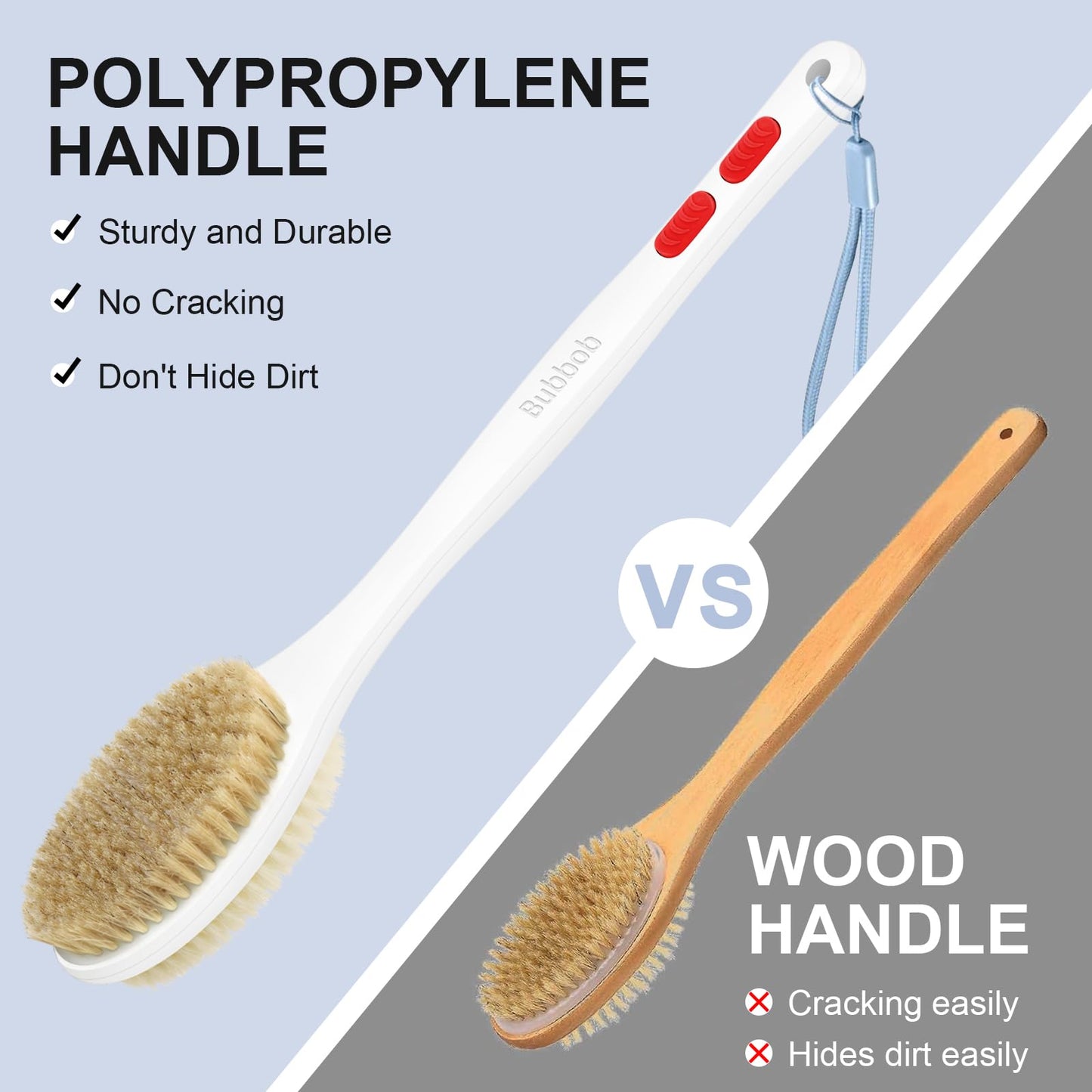 Bubbob Back Scrubber, Back Scrubber for Shower, Bath Brush Long Handle for Shower with Double Sided Bristles for Wet or Dry Brushing (Red)