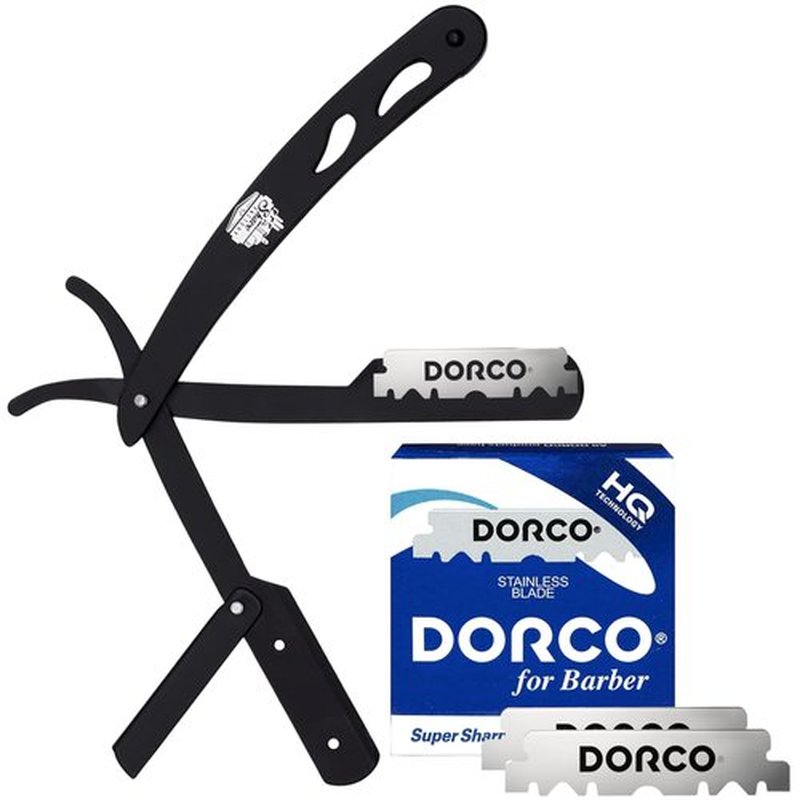 The Shave Factory Straight Edge Razor Kit (Black / 100 Dorco Single Edge Razor Blades Blue)