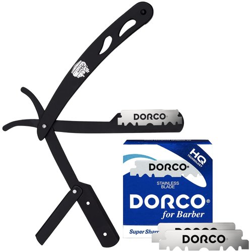 The Shave Factory Straight Edge Razor Kit (Black / 100 Dorco Single Edge Razor Blades Blue)