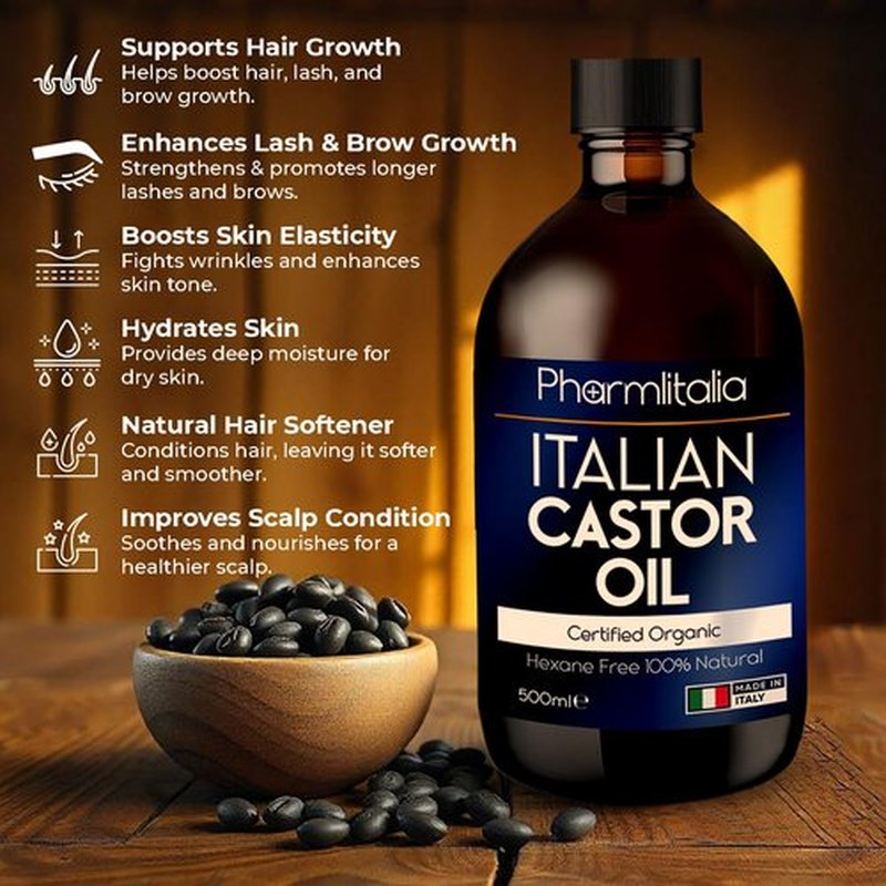 Pharmlitalia Organic Castor Oil Organic Cold Pressed Unrefined - Hexane free Golden Castor Oil for face, hairs, Eyelashes, Skin care and Nails - aceite de castor organico puro - 500ml