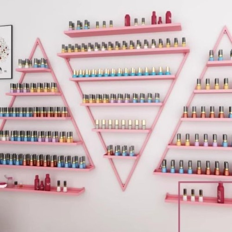 LEYSRIS Wall-Mounted Nail Polish Rack, Set of 6 Triangular Pink Nail Polish Shelf Lipstick Perfume Cosmetic Display Shelf for Home Spa Nail Salon Shop