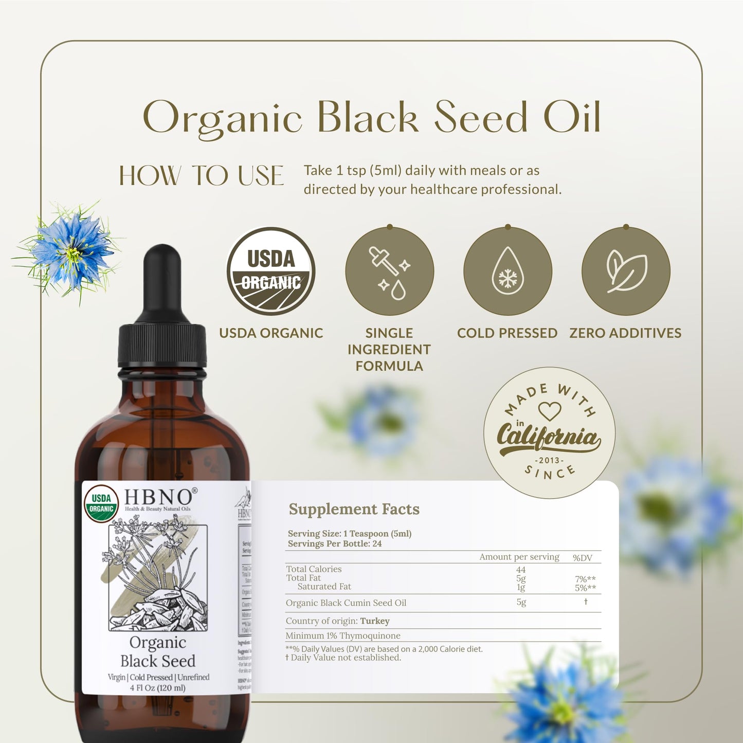HBNO Organic Black Seed Oil - Huge 4oz (120ml) Glass Bottle Value Size - USDA Certified Organic Black Seed Oil, Cold Pressed for Face, Body, Lips, Shampoo & Conditioner