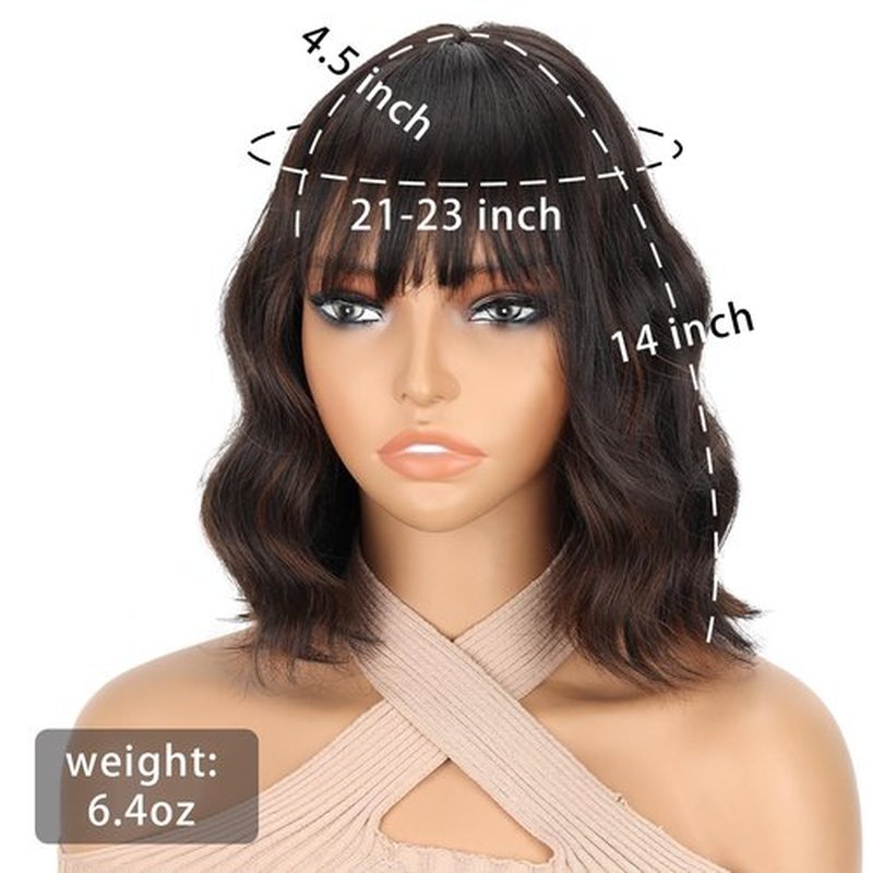 LINGHANG Black Wig with Highlights,Short Wavy Black Wigs with Bangs Shoulder Length Bob Curly Wavy Black Wigs for Women Synthetic Cosplay Wig for Date Daily Use