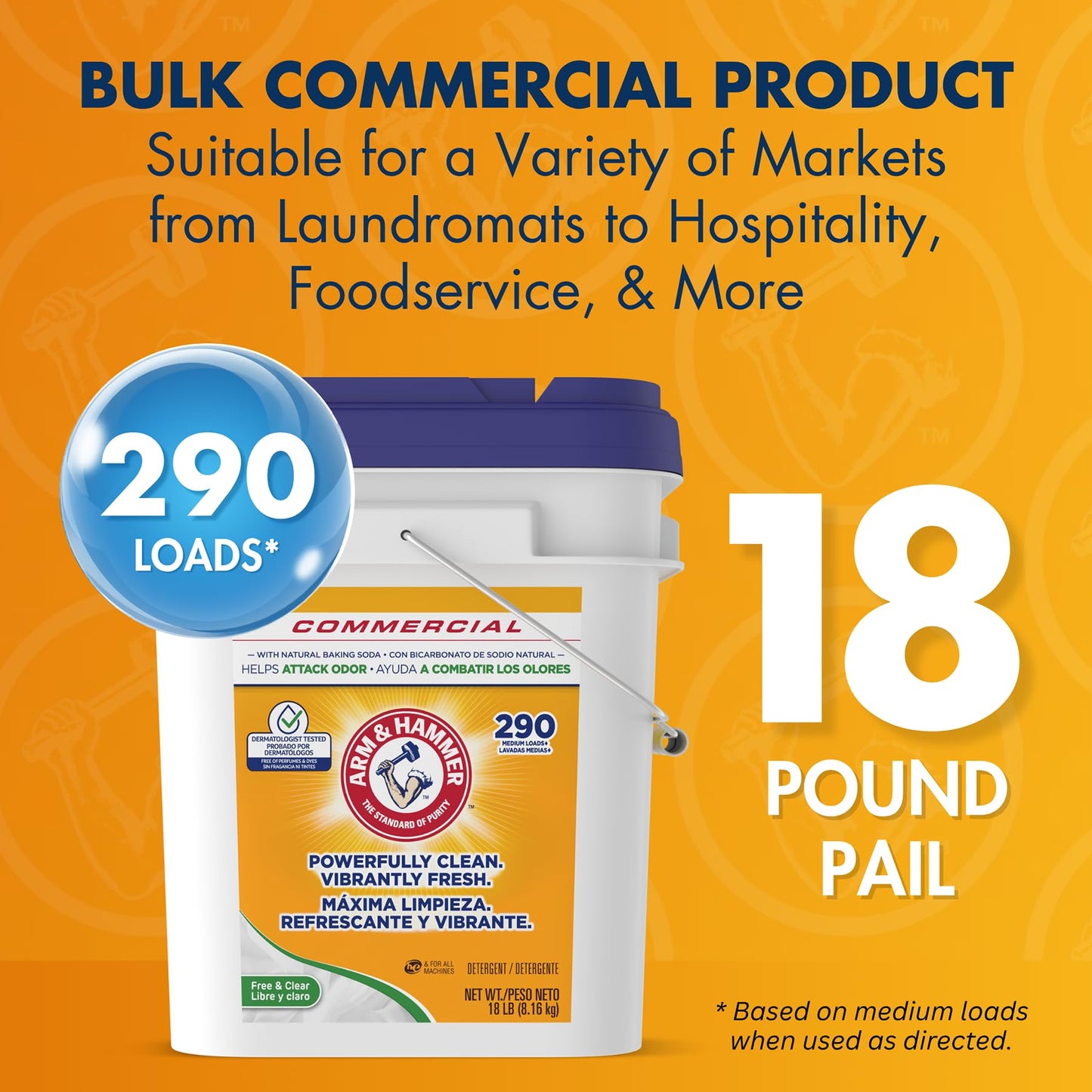 Arm & Hammer Powder Laundry Detergent, Professional Soap for Washing Clothes, 290 Loads, Free and Clear, Bulk 18lb Pail