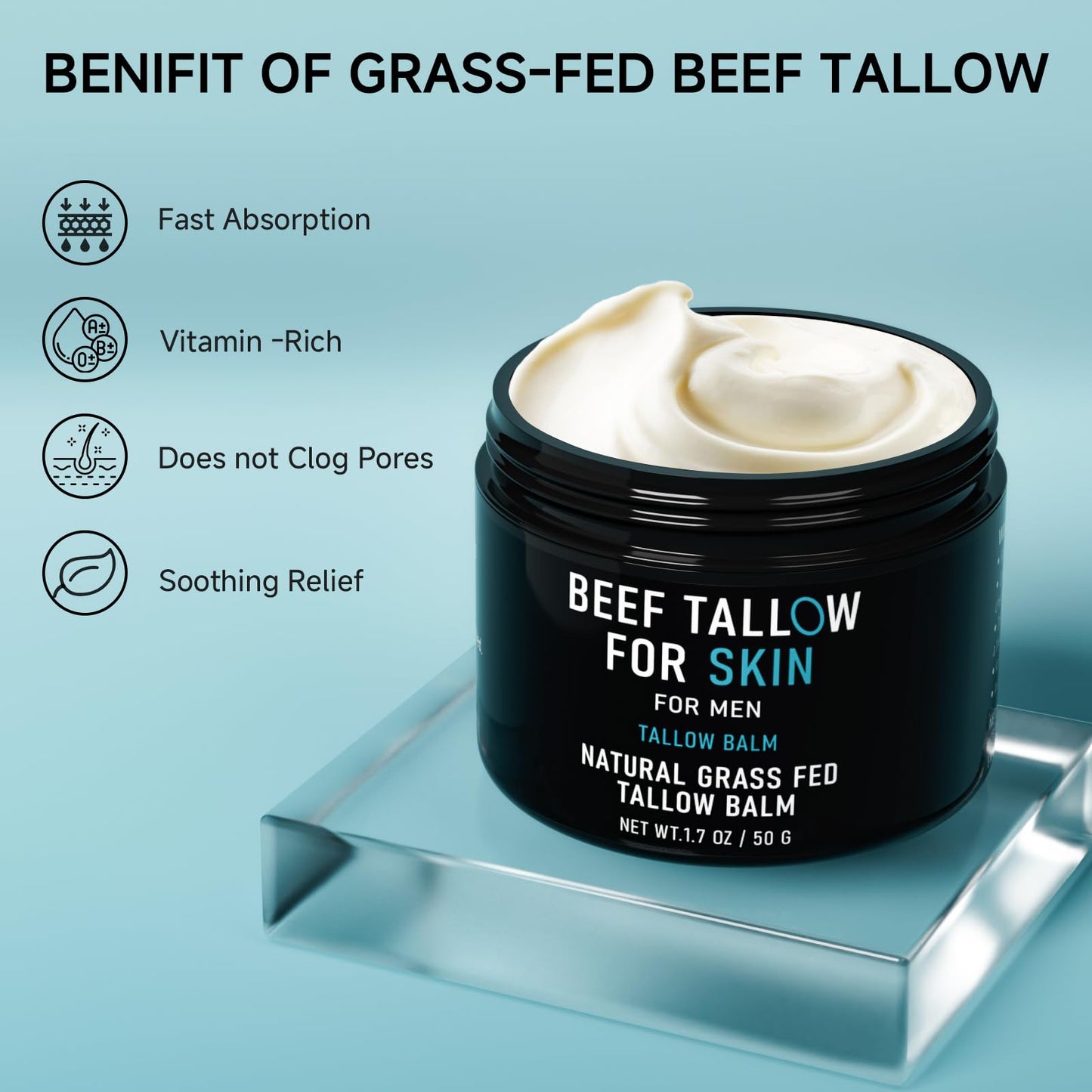 pekinly Beef Tallow for Skin, Beef Tallow Skin Care for Men, Mens Skincare Moisturizer for Face Neck Deeply Nourishing, Unscented Original Tallow Face Moisturizer for Men, 3.4 oz