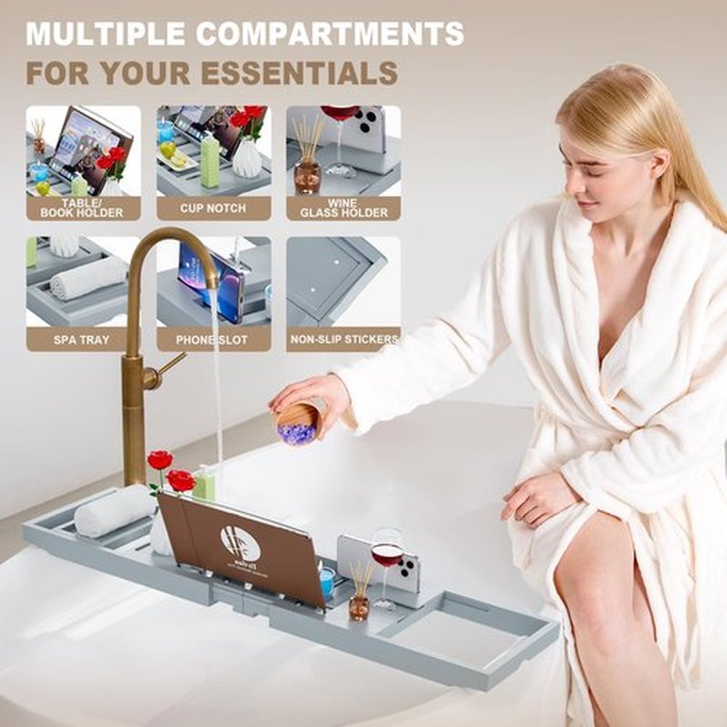 Yirilan Bamboo Bathtub Tray Caddy, 1 or 2 Person Expandable Wooden Bathroom Tray, Luxury Bamboo Bathtub Tray Expandable, Bath Tub Table Caddy with Extending, Grey