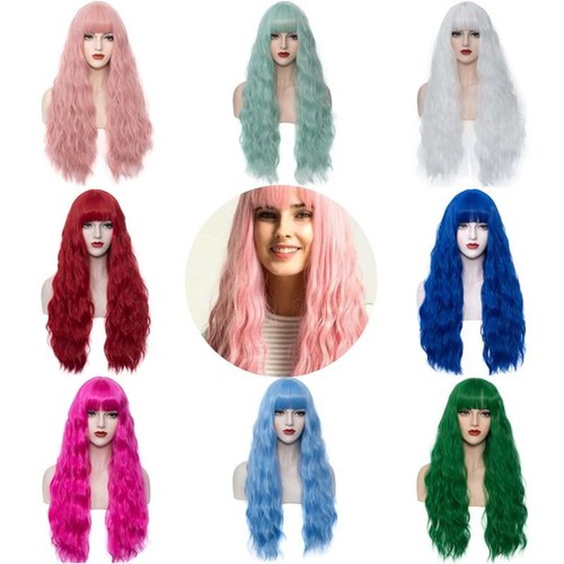 WGPFWIG Women's Bright Green Ombre Wig 27''Long Curly Wavy Wig Shoulder Length Flat Bangs Wig For Women Girl Cosplay Party Halloween Wig Cap Included (27''Bright Green Ombre)