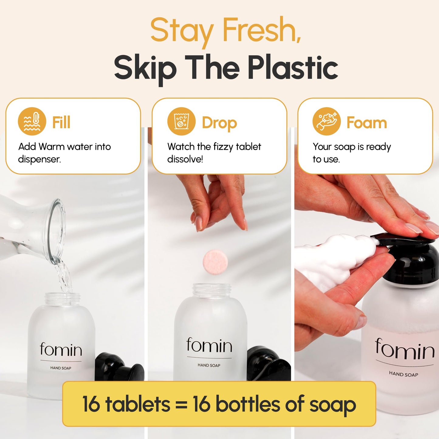 FOMIN Foaming Hand Soap Tablet Refills (6 Count) - Makes 48 fl oz (6 x 8 fl oz) - Honey Pear - Foaming Hand Soap Tablets, Sustainable Soap Tablets for Hand Wash