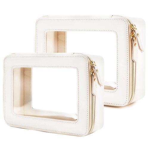 Aveniee Clear Makeup Bag Organizer, Portable Travel Toiletry Cosmetic Case for Women, Vegan Leather Make Up Pouch with Clear Windows & Gold Zippers 2pcs(Middle+Large)- White