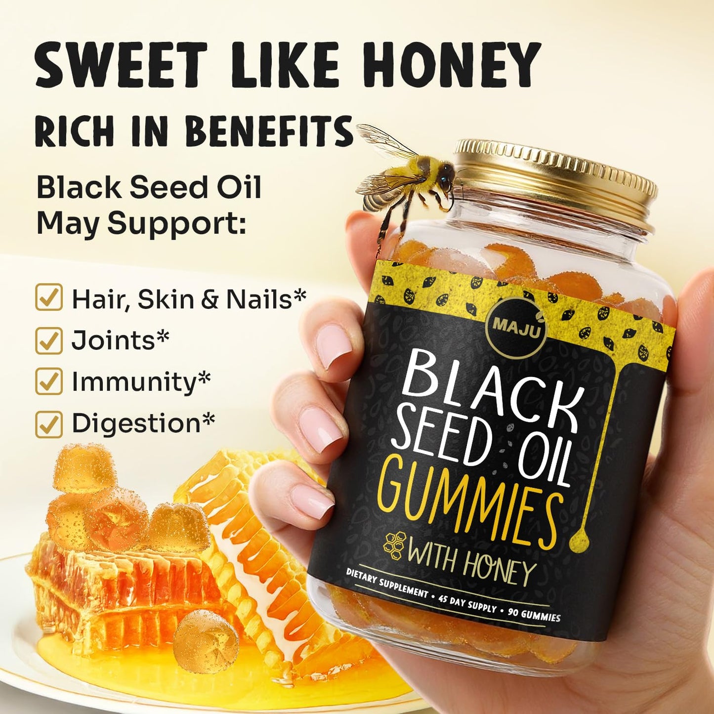 MAJU's Black Seed Oil Gummies with Honey 90ct, 500mg BSO Gummy, Black Cumin Seed Nigella Sativa Oil, Cold-Pressed, Potent Formula, 90ct
