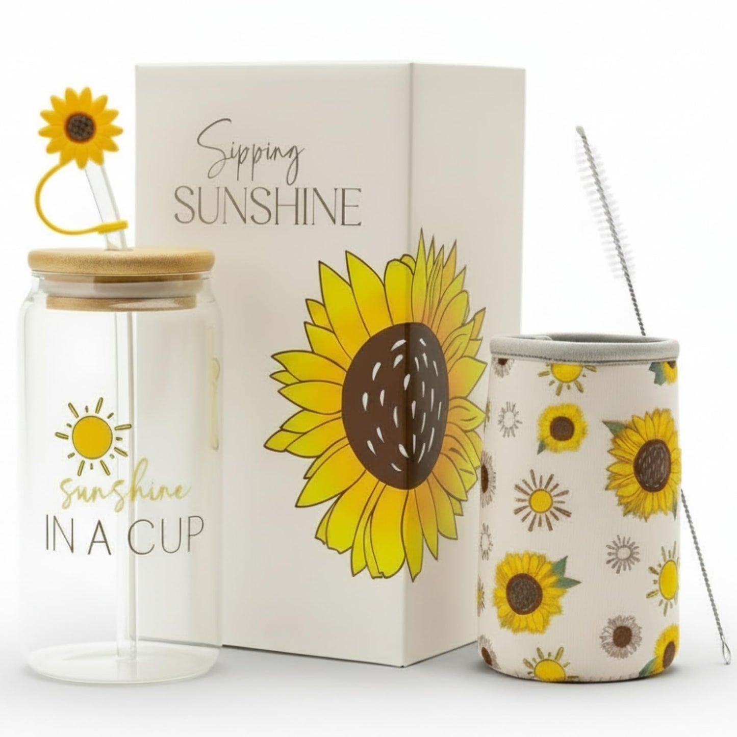The Love Crate Co. Sunflower Gifts for Women - Glass Tumbler with Lid and Straw, Customized Straw Stopper and Cup Sleeve. Aesthetic Unique Design Iced Coffee Gift Cup for Mom, Teacher, Friend
