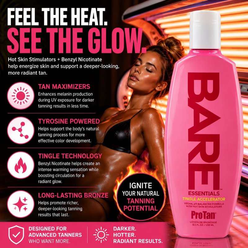 Pro Tan BARE Essentials Tingle Accelerator Tanning Lotion 8.5 fl oz – Vegan DHA, Bakuchiol, Aloe, Coconut Oil, Jojoba & Vitamins B C E – Indoor Outdoor Tan Enhancer, Paraben Free