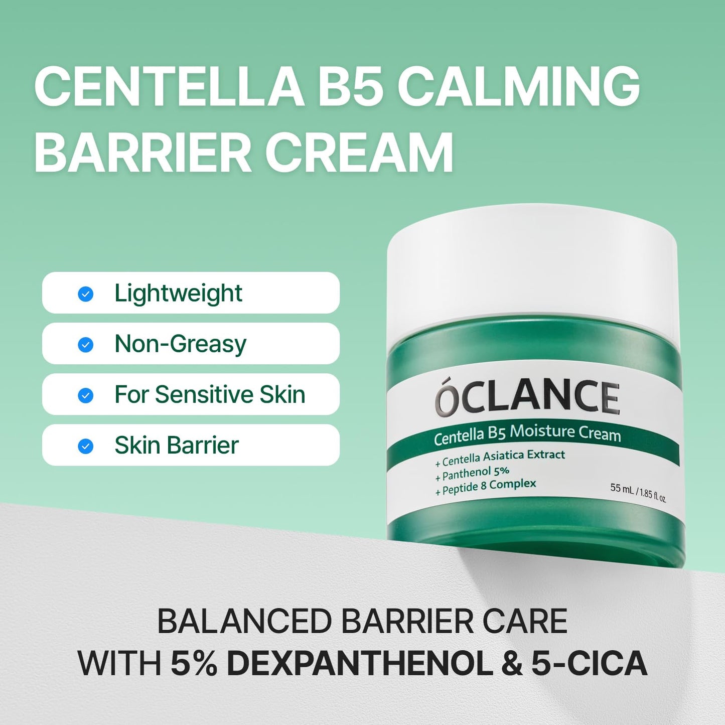 OCLANCE Centella B5 Calming Barrier Cream, Lightweight Non-Greasy Face Moisturizer for Sensitive Skin with Panthenol, Centella & 8-Peptide Complex, Fragrance-Free Korean Skincare, 1.85 fl oz (55ml)