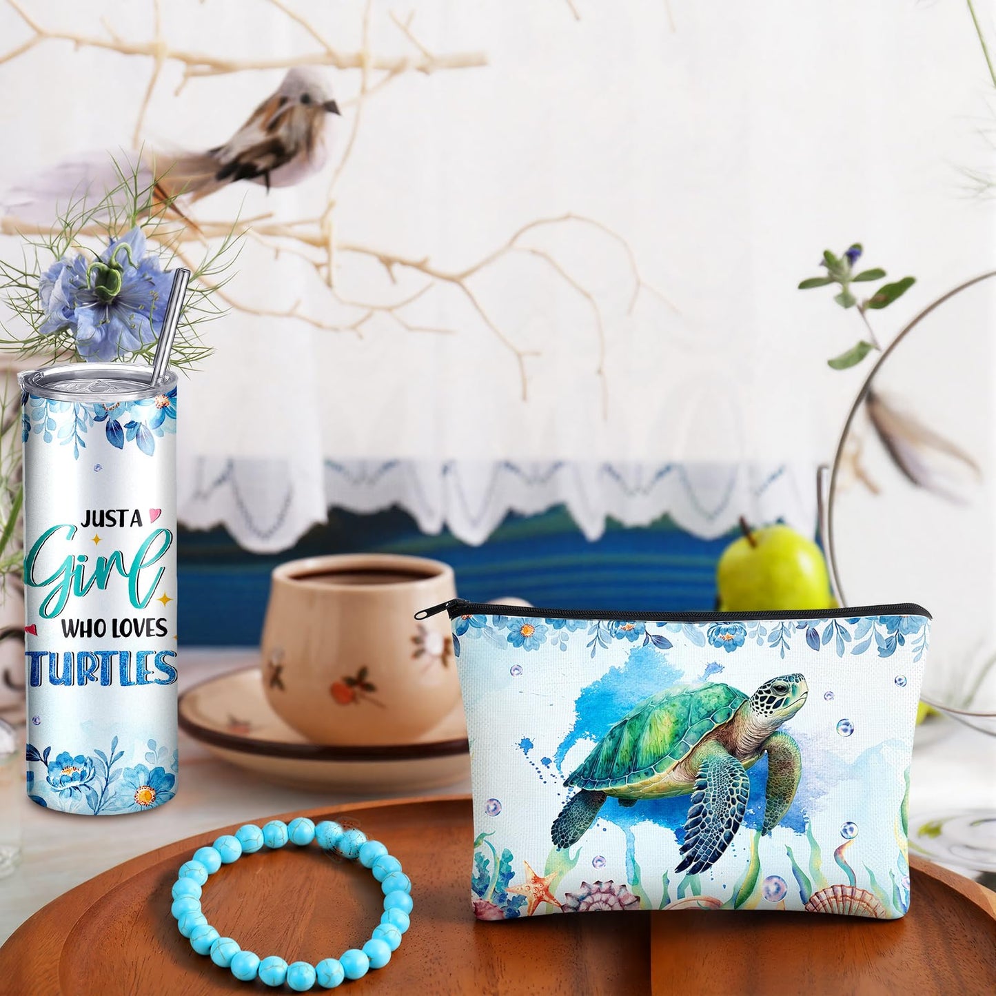 Skylety 3 Pcs Sea turtle Gift for Women Summer Sea turtle Theme Stuff 20 oz Stainless Steel Insulated Tumbler with Straw Brush Bracelet Makeup Bag Inspirational Gift for Teacher Mom Lover Birthday