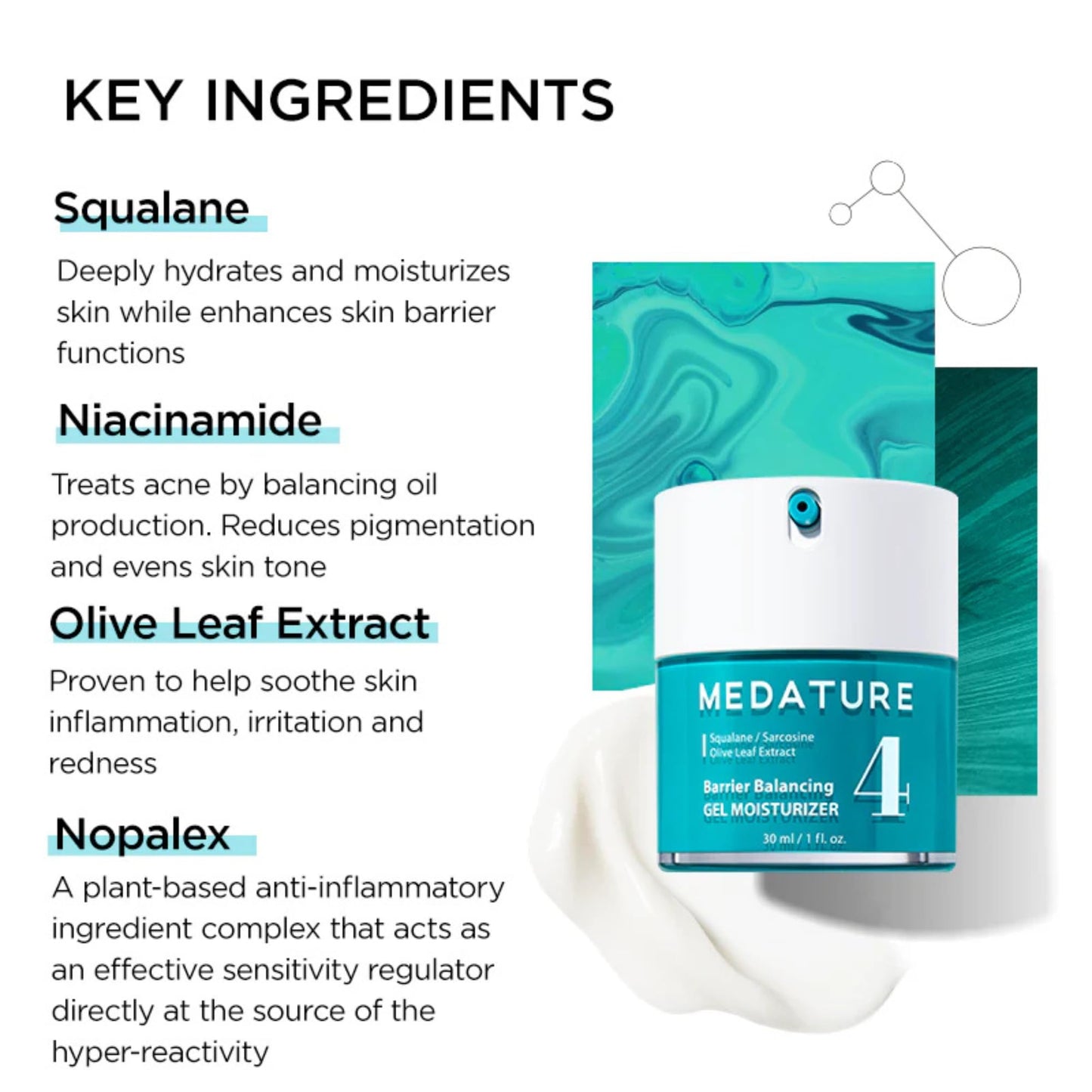 Medature Barrier Balancing Gel Moisturizer, For Combination to Oily Skin, Balances Skin Barrier, Contains Squalane, Sarcosine, Niacinamide & Olive Leaf Extract