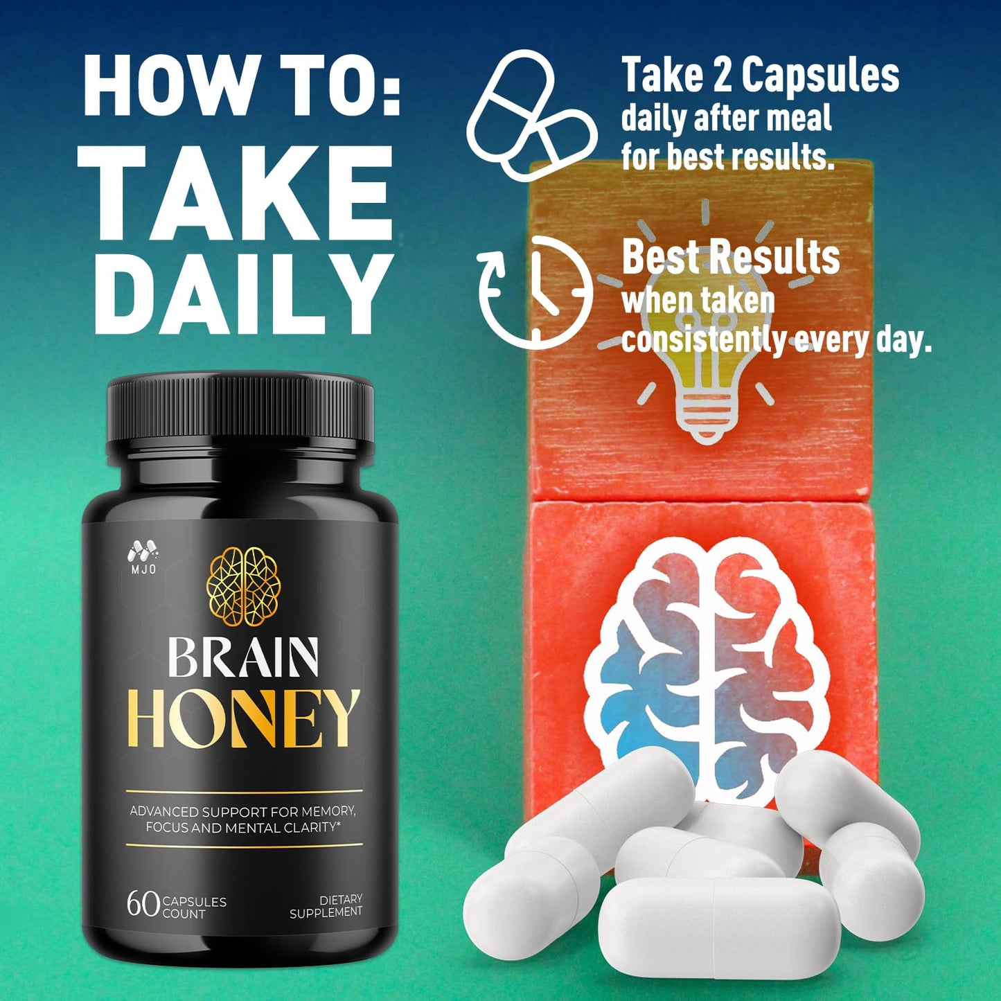 Brain Honey Capsules, Brain Honey Pills with All Natural Ingredients, Advanced Overall Health and Wellness Vitamin Supplement Formula for Maximum Strength Multivitamins (60 Capsules)