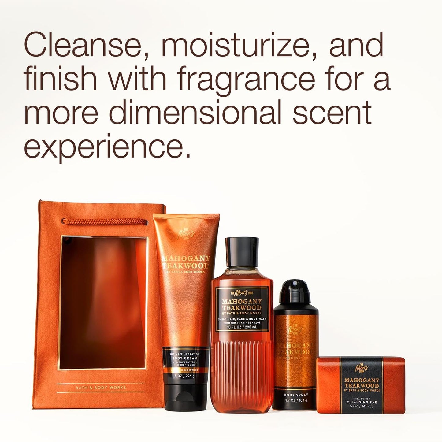Bath & Body Works Men's Gift Set, Mahogany Teakwood Scent – with Body Wash, Bar Soap, Moisturizing Cream, Body Spray, Men’s Grooming Collection for Gifting or Everyday Use - 1 Pack