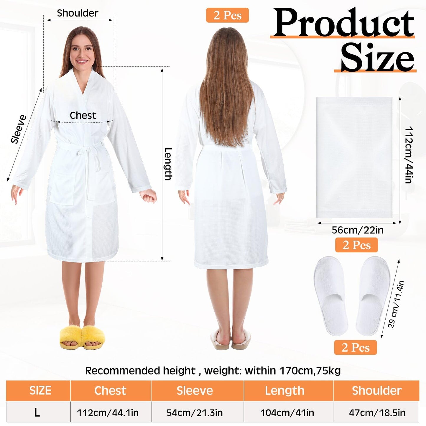 Handepo 2 Sets Waffle Bath Robe Set Unisex Hotel His and Hers Robes Couples Lightweight Knit Spa Bathrobe Slipper Hair Towel(White,L)