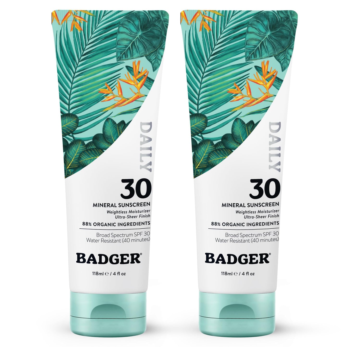 Badger Mineral Daily Sunscreen with Zinc Oxide, SPF 30, Lightweight & Easy to Apply w/No White Cast, Moisturizing Organic Sunscreen, Reef Safe, Vegan, Unscented, 4 fl oz, 2-Pack