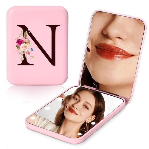 KEWWADB Travel Mirror with Lights, Initials Portable Compact Mirror, Travel Essentials, Suitable for Teen Girls, Young Women Gifts Ideas, Birthdays Gifts(Pink) (N)