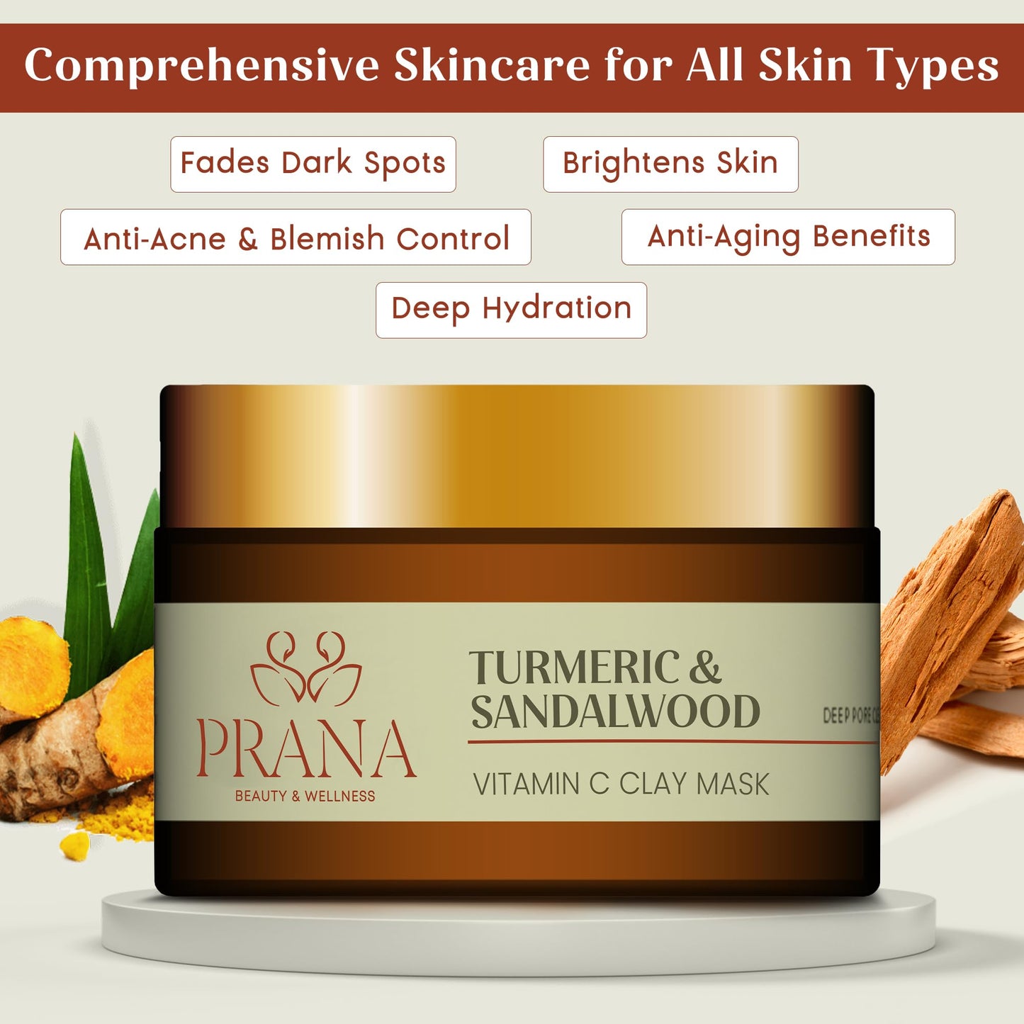 2 Pack Turmeric & Sandalwood Face Mask – Ayurvedic Brightening Clay Mask with Bentonite & Kaolin – Deep Pore Cleansing, Hydrating & Anti-Aging Facial Mask for Acne, Dark Spots & Even Skin Tone – 100ml